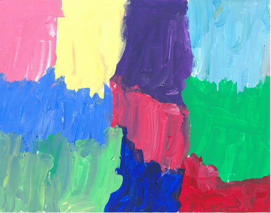 Three rows of irregular rectangles of solid color. Across the top row are rectangles of dark pink, yellow, deep purple, and sky blue. Across the middle are rectangles of medium blue, dark pink, and medium green. Across the bottom are rectangles of lighter green, deep blue, and dark pink.