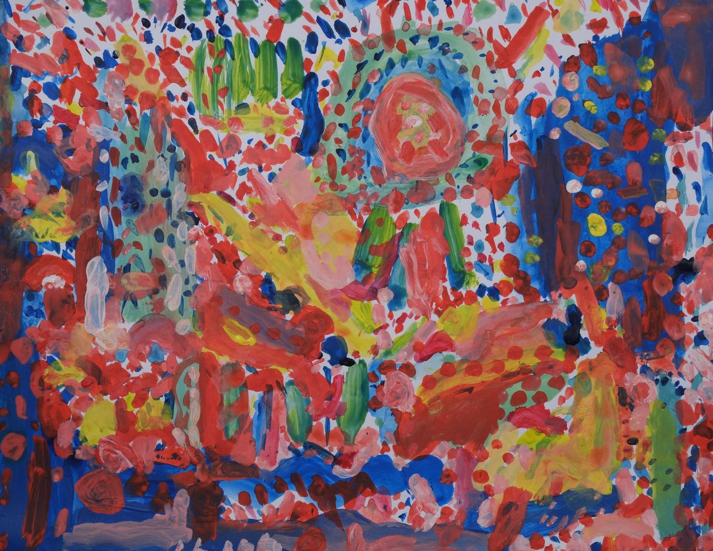 Acrylic on paper artwork with tightly knit patterns of varying size dots and streaks of green, red, blue, and yellow