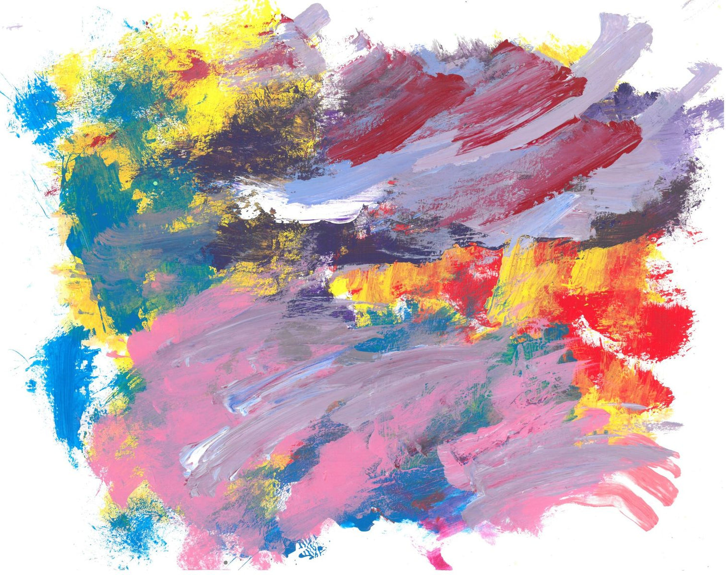 On a white background are swathes of green, lavender, purple, maroon, blue, orange, and yellow