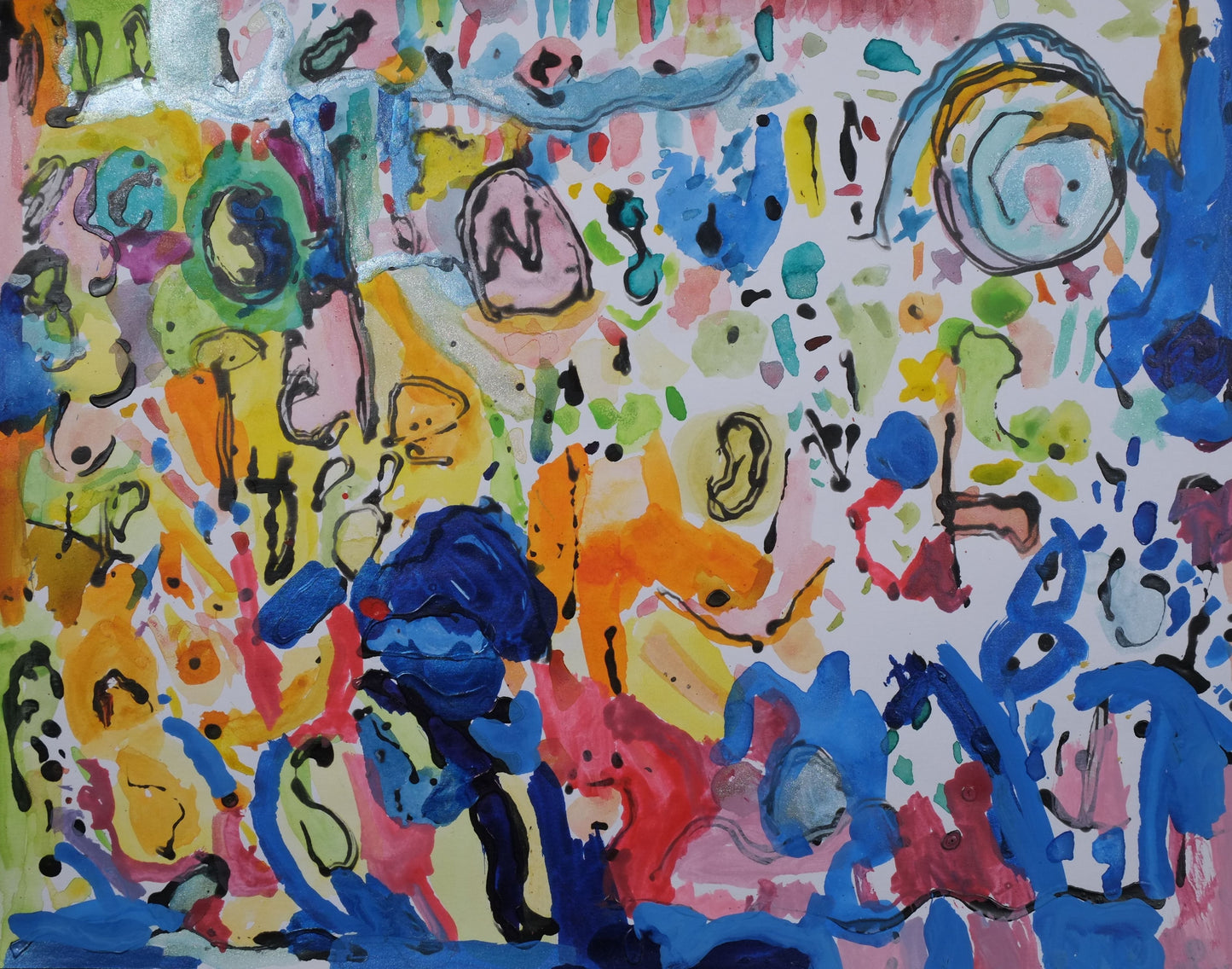 Ink and acrylic on paper artwork depicting varying shapes and patterns with all colors