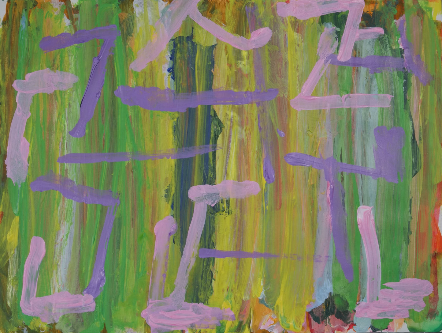 Acrylic on paper artwork with vertical paint streaks of mostly green and yellow in the background with an accent of blue down the middle. Over top are lavender and pink lines in both horizontal and vertical directions