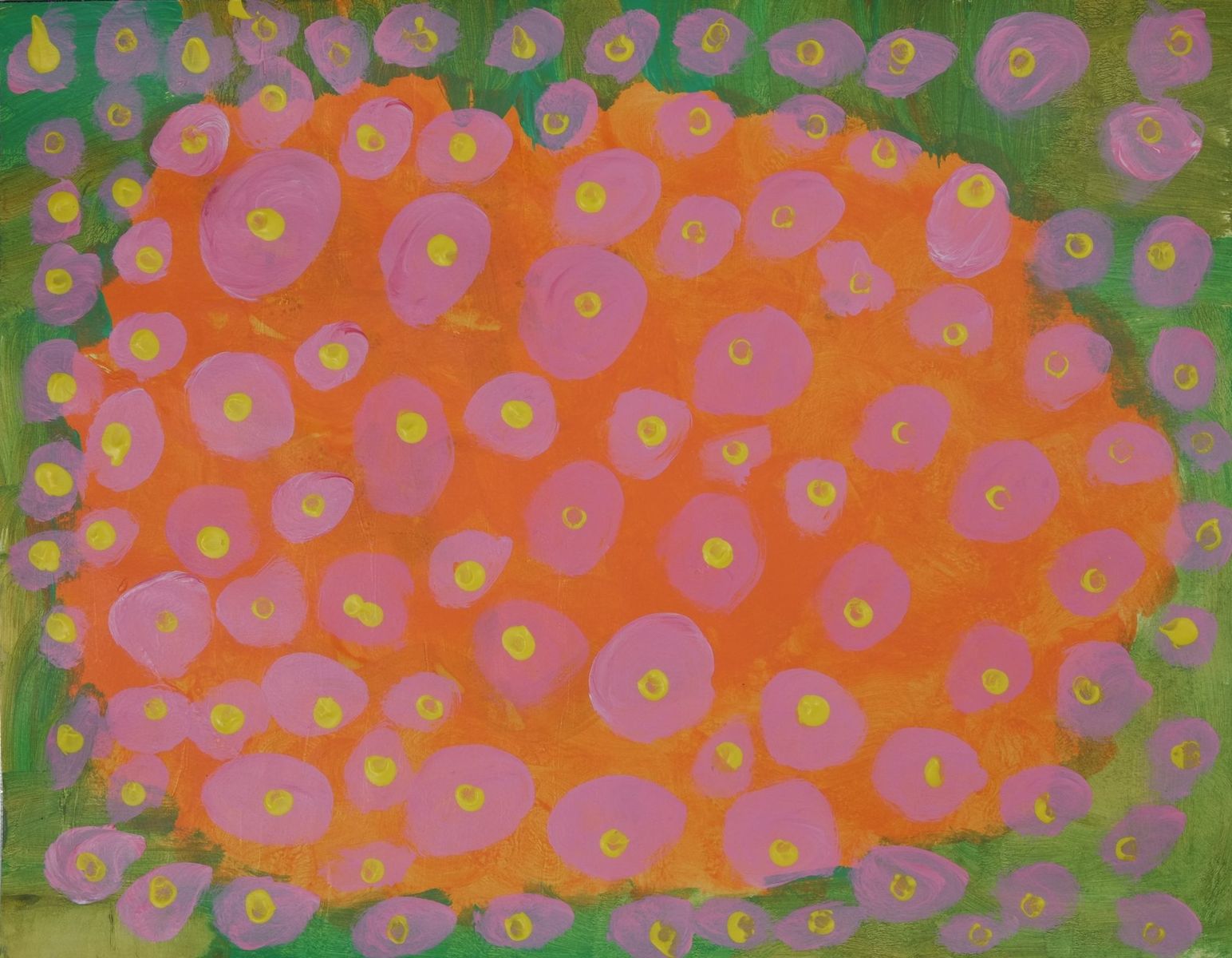 Acrylic on paper artwork with a green border and large orange oval in the middle with smaller pink circles with yellow dots throughout