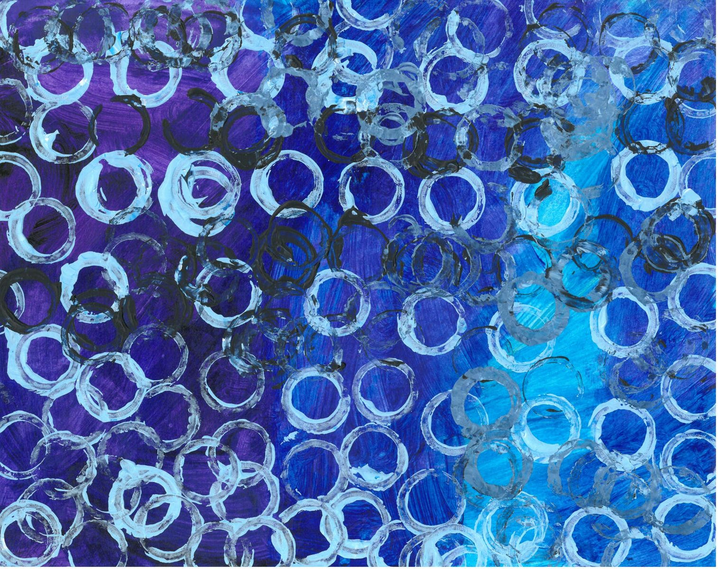 On a background of varying shades of blue, with the darker hues dominating, are dozens of rings; most are white, but about a tenth of them are black, with most of those in the upper part of the image.