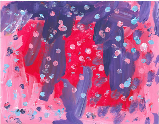 Acrylic on paper artwork with purple, light pink, and dark pink paint streaks with small light pink and light blue dots