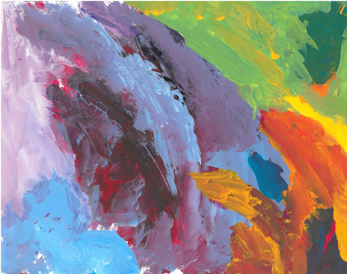 From the lower right corner, yellow and orange flares arc into roiling billows of lavender, blue, purple, black, and green.