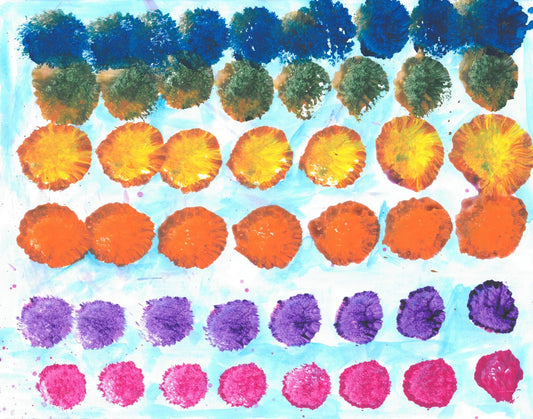 Acrylic on paper artwork with light blue background and rows of dark blue, green, yellow, orange, purple and pink dots in horizontal pattern