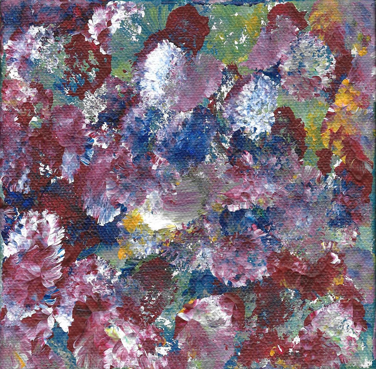 Acrylic on canvas artwork with fluffy round paint strokes in green, maroon, white, blue and yellow