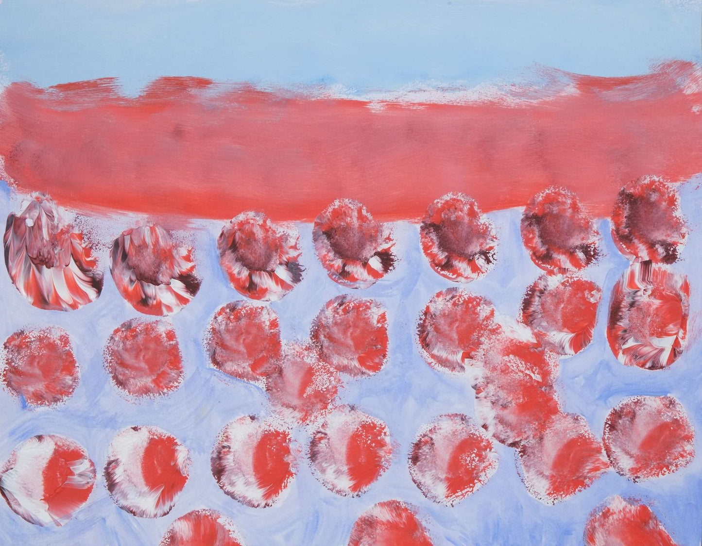 Acrylic on paper artwork with a periwinkle background and one large horizontal red stripe at the top. The bottom of the piece are circular splotches of red and white paint