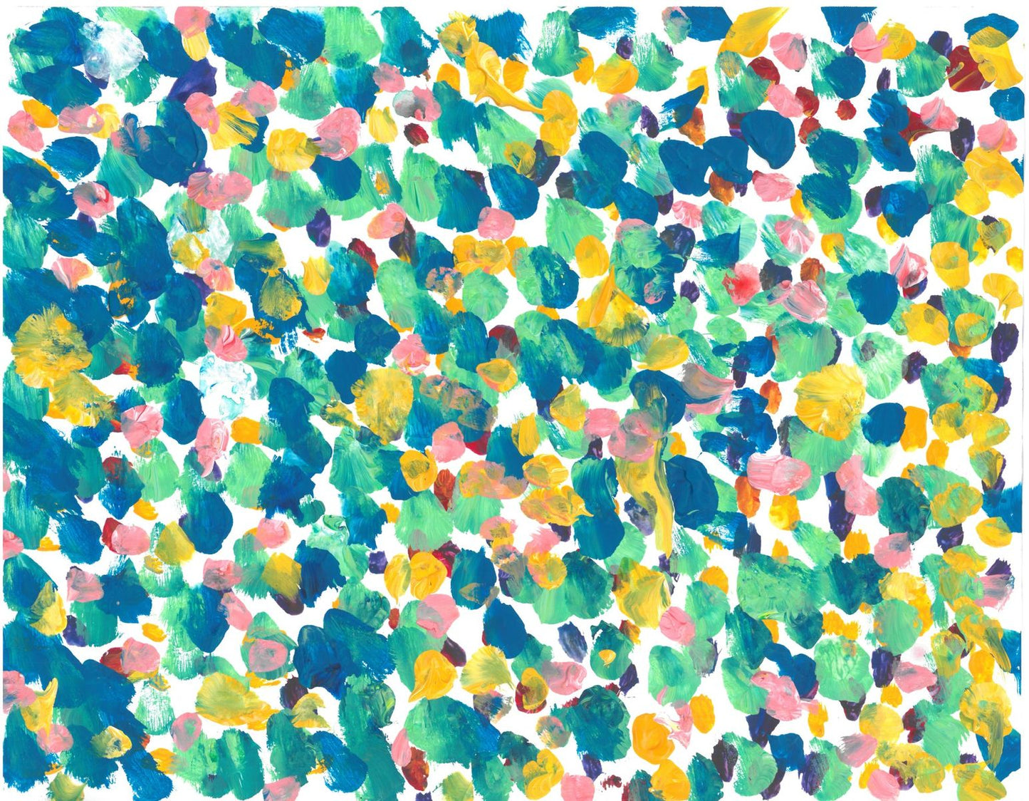 The white paper is almost completely covered with spots and dots in colors of teal, aqua, yellow, and pink. There are a few touches of deep red and light blue.