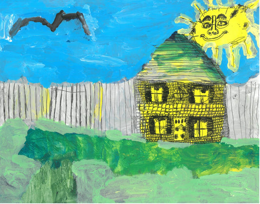 A two-story yellow house with a peaked roof is right of center with a gray fence of horizontal boards extending on either side and a green lawn in front. Above and to the left, a black bird flies, while above to the right a yellow sun with a human face and glasses smiles.