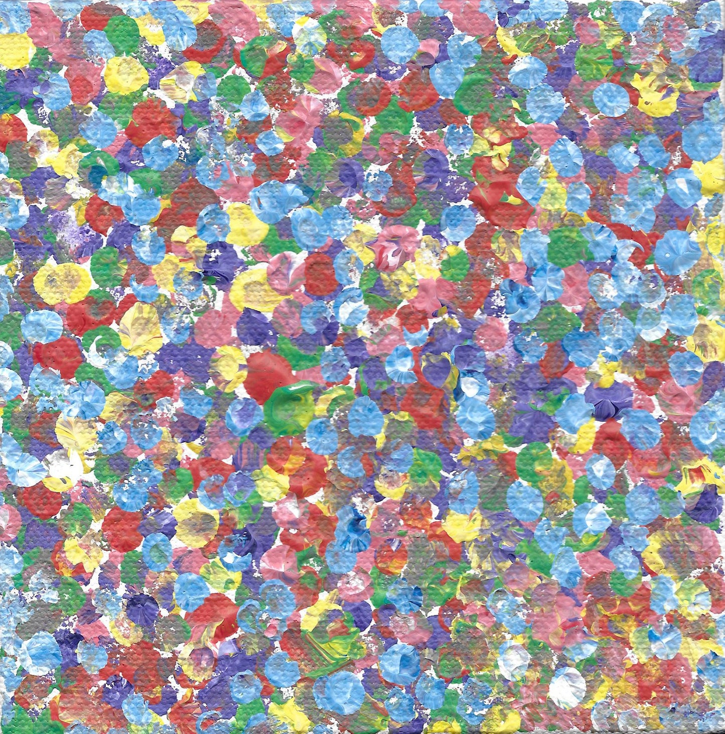 The canvas is entirely covered in daubs of light blue, dark red, pale yellow, medium green, and purplish blue.
