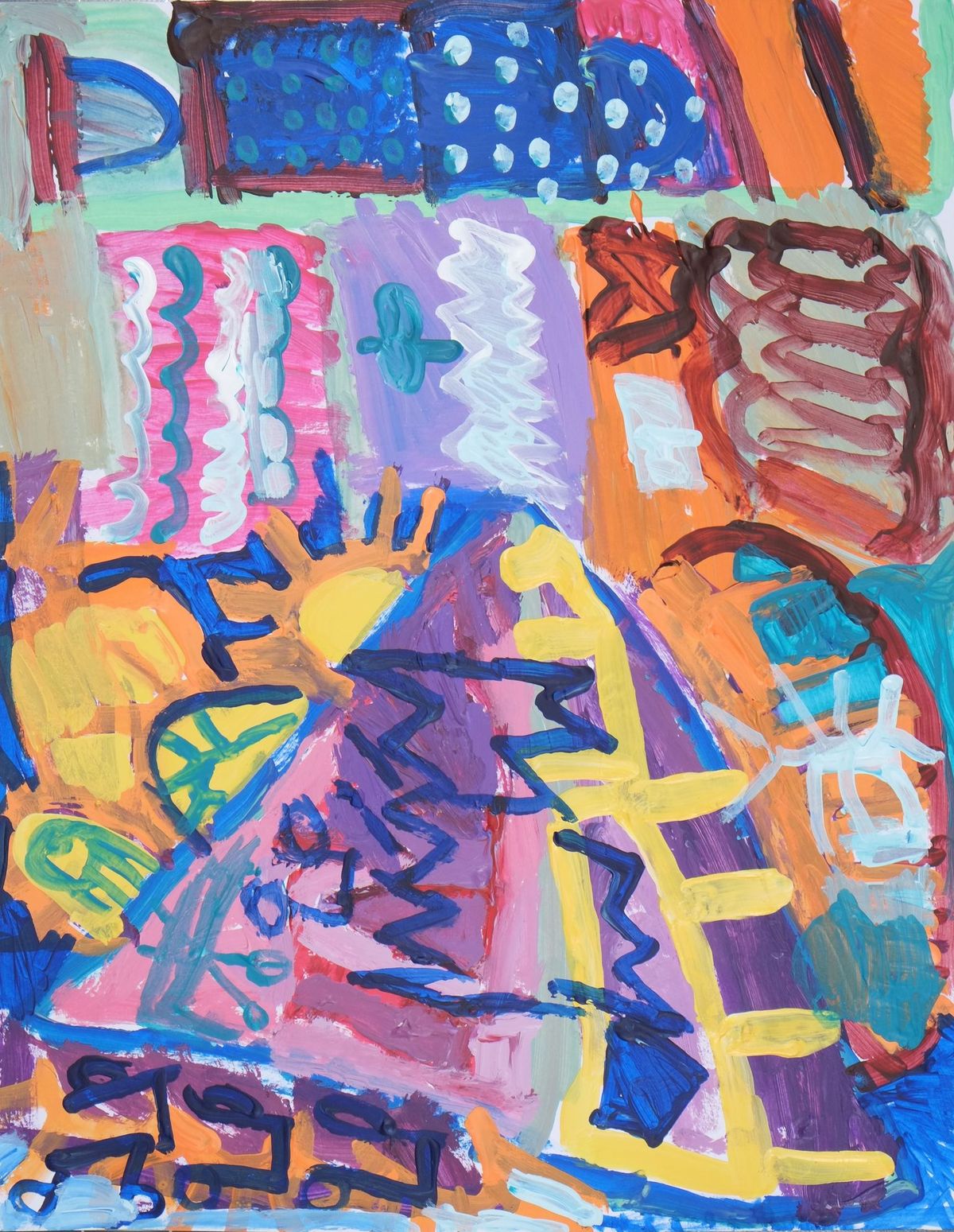 Acrylic on paper artwork with a multitude of pattern work including blue background with white dots, pink background with teal and white squiggles, lavender background with white river, an orange background with white square