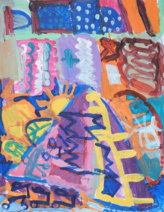 Acrylic on paper artwork with a multitude of pattern work including blue background with white dots, pink background with teal and white squiggles, lavender background with white river, an orange background with white square