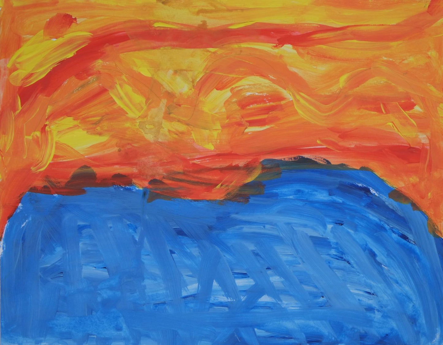 Acrylic on paper artwork depicting a sunset over a bond. Fiery red, orange and yellow paint strokes encompass the top half of the art while the bottom half is the blue pond