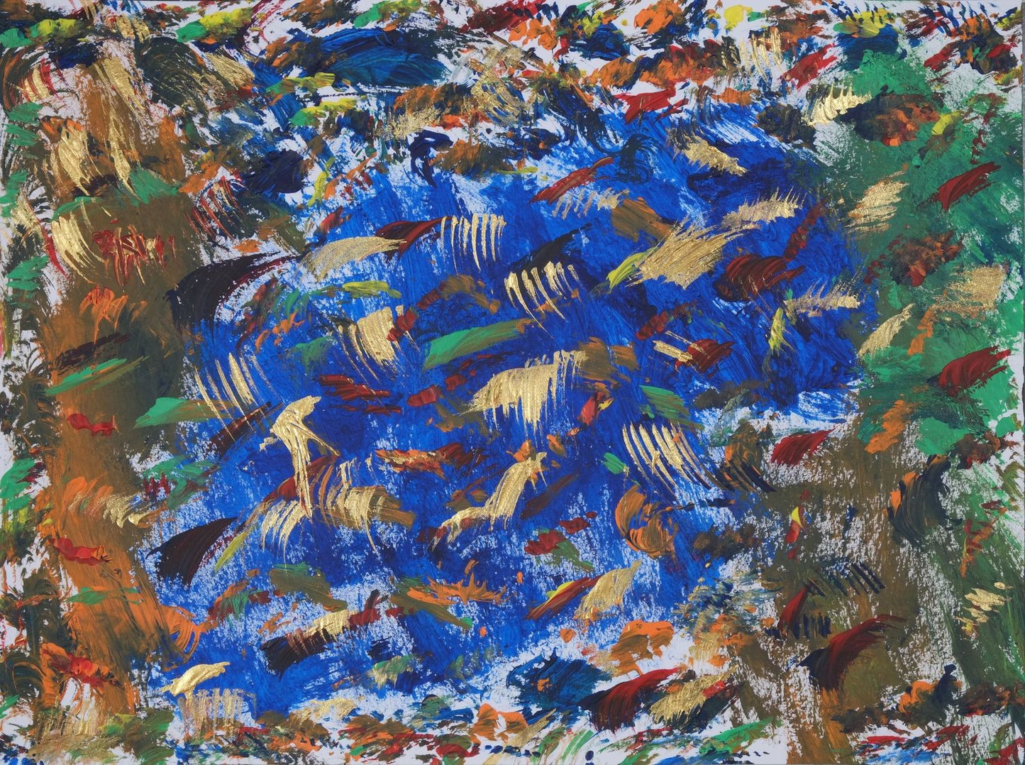 Acrylic on paper artwork inspired by fireworks with green, blue, red, orange and gold bursts of color