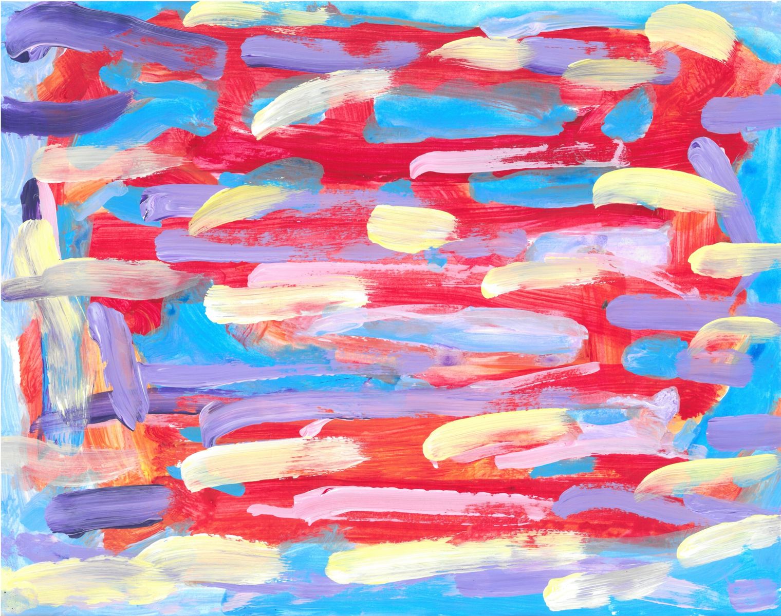 Against an orangish-red blackground are pale streaks of pink, yellow, lavender, and sky blue.