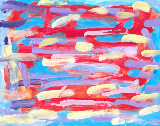 Against an orangish-red blackground are pale streaks of pink, yellow, lavender, and sky blue.
