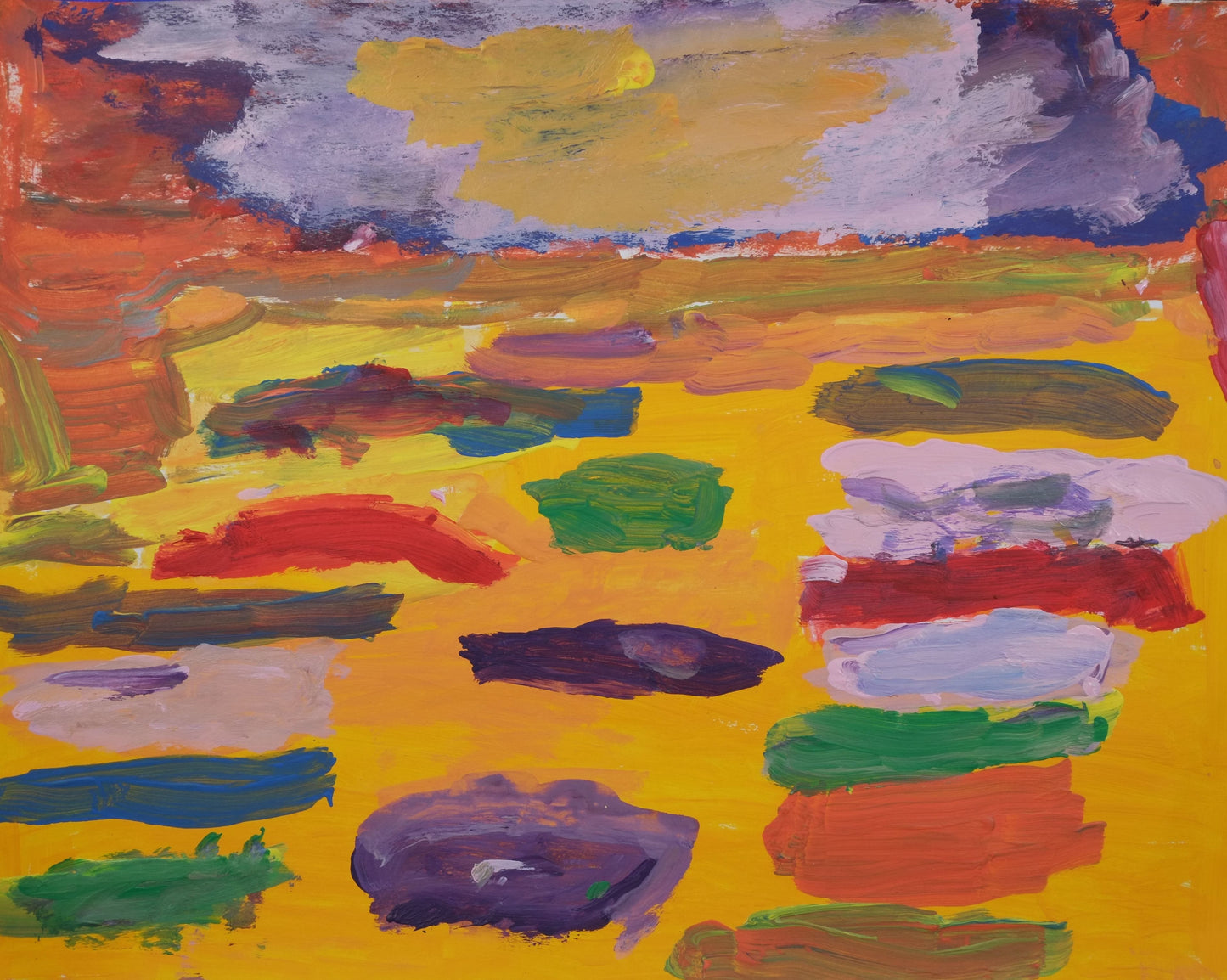 Acrylic on paper artwork inspired by a sunrise. The background is mostly golden yellow with small horizontal paint strokes of red, lavender, purple, blue and green