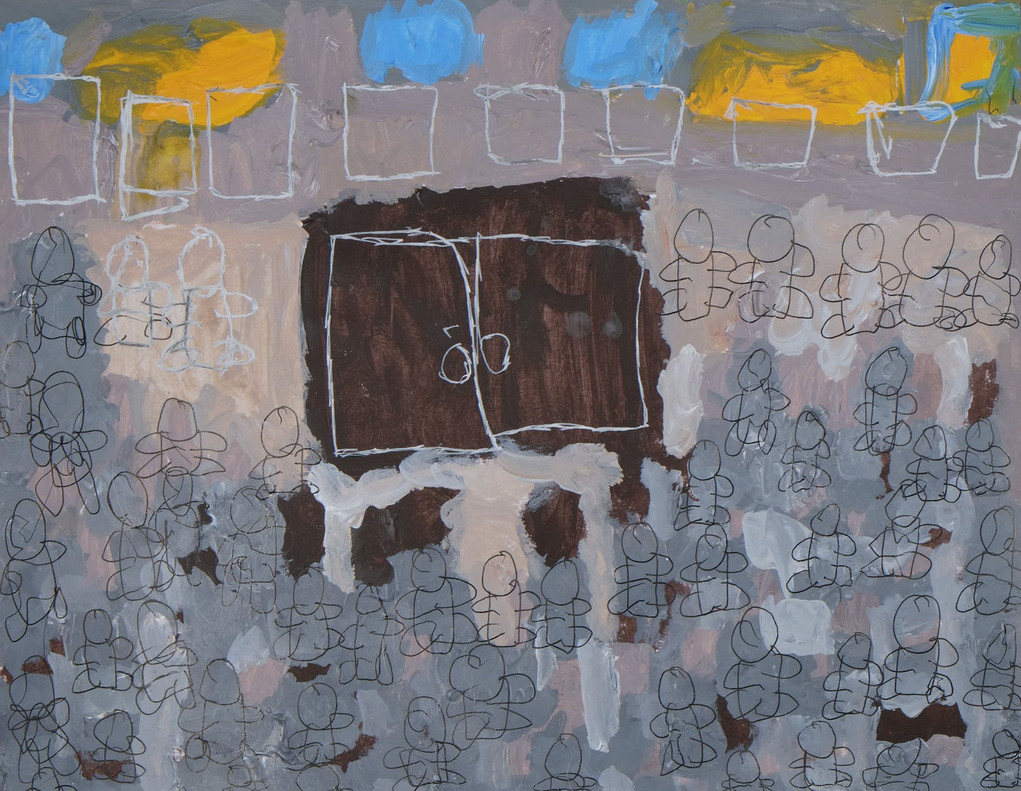 Acrylic and ink on paper artwork of High Holiday service with brown ark and gray, blue and yellow tones