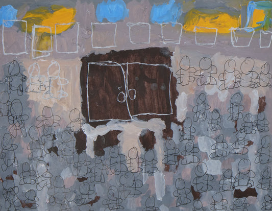 Acrylic and ink on paper artwork of High Holiday service with brown ark and gray, blue and yellow tones
