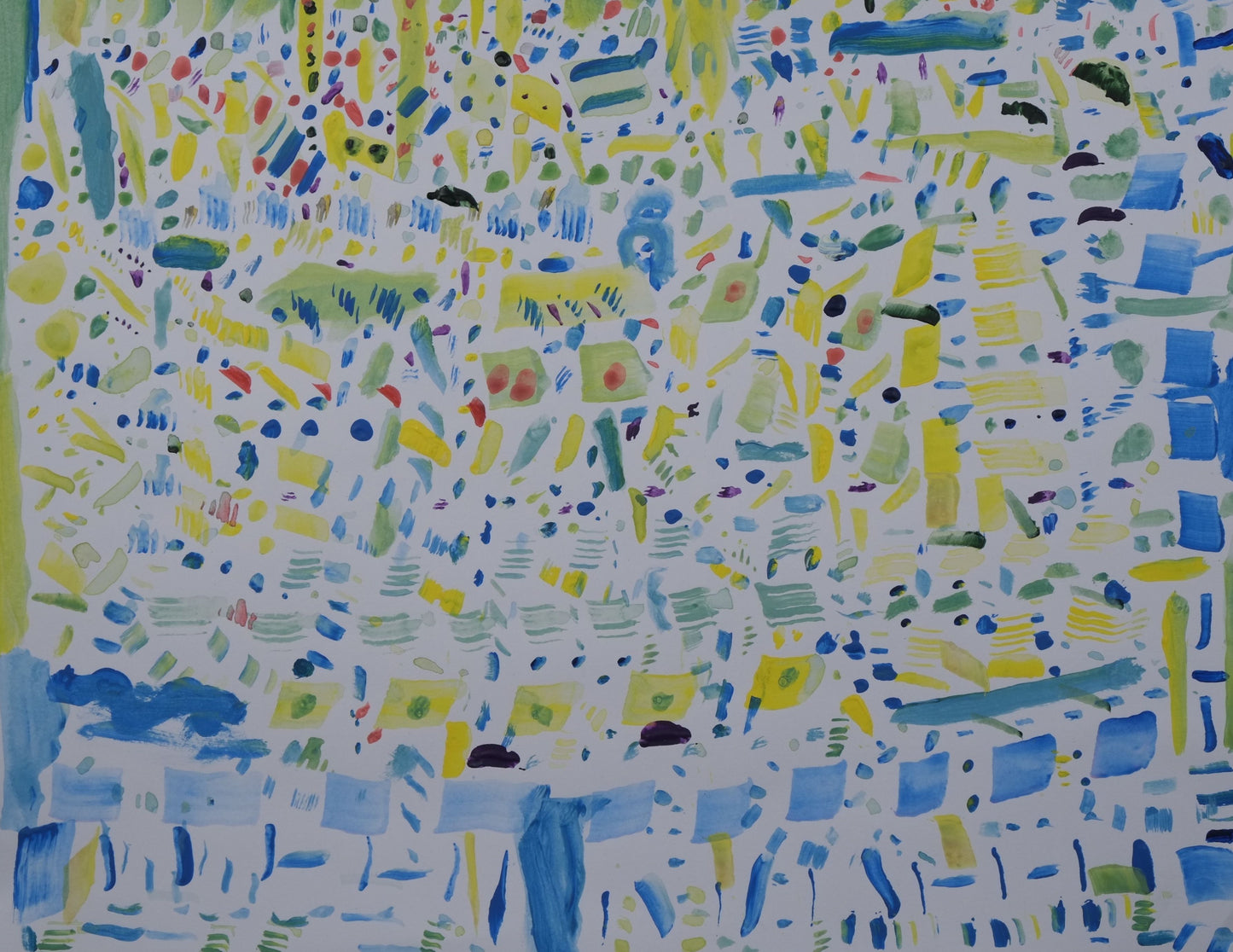 Acrylic on paper artwork with a white background beneath streaks and dots in shades of blue and yellow