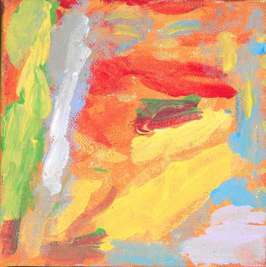 Acrylic on canvas artwork with multidirectional paint streaks of green, yellow, red, orange, blue and lavender