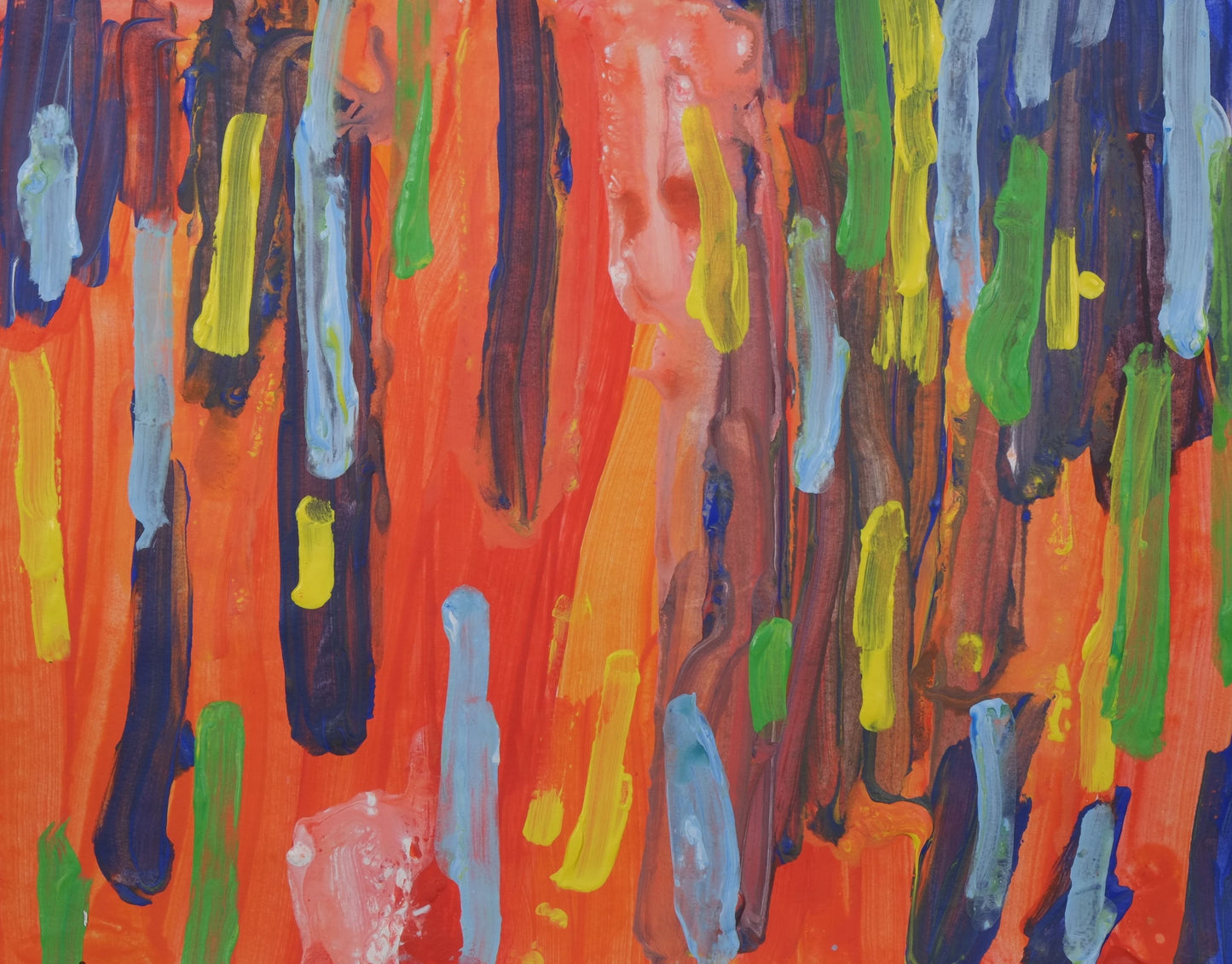 Painting that is mostly reds with vertical brushstrokes of dark blue on top. On top of those are a series of short vertical brush strokes of light blue, yellow, and green