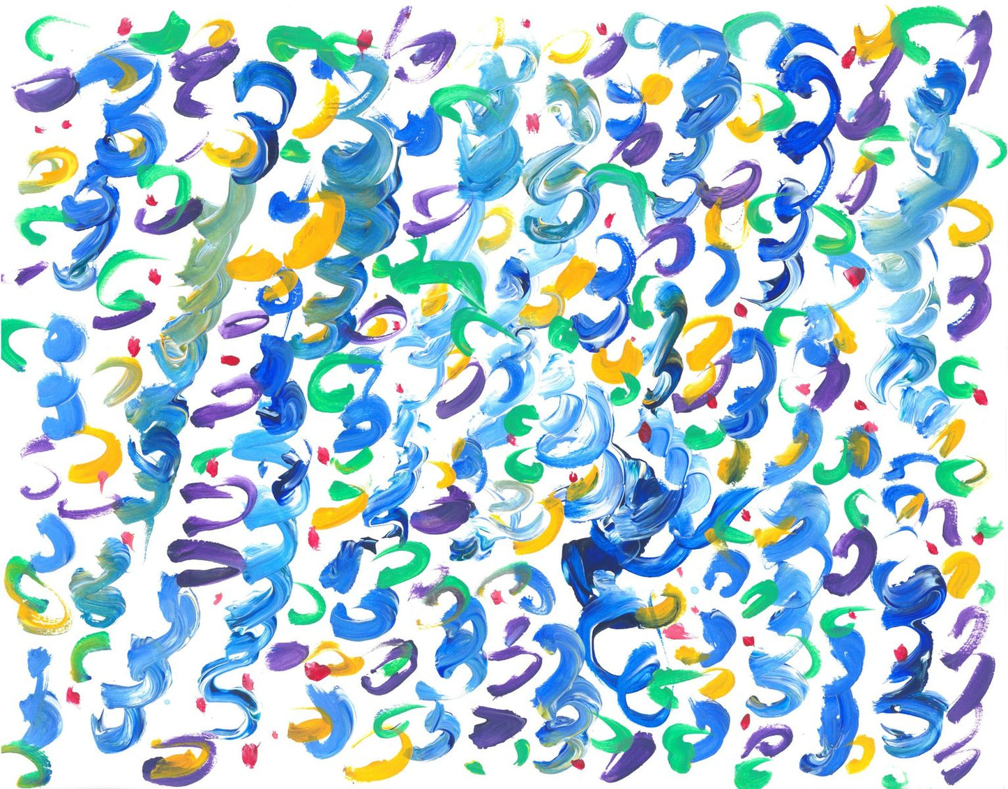 Acrylic on paper artwork with white background and blue, green, and yellow curli q's with red dots