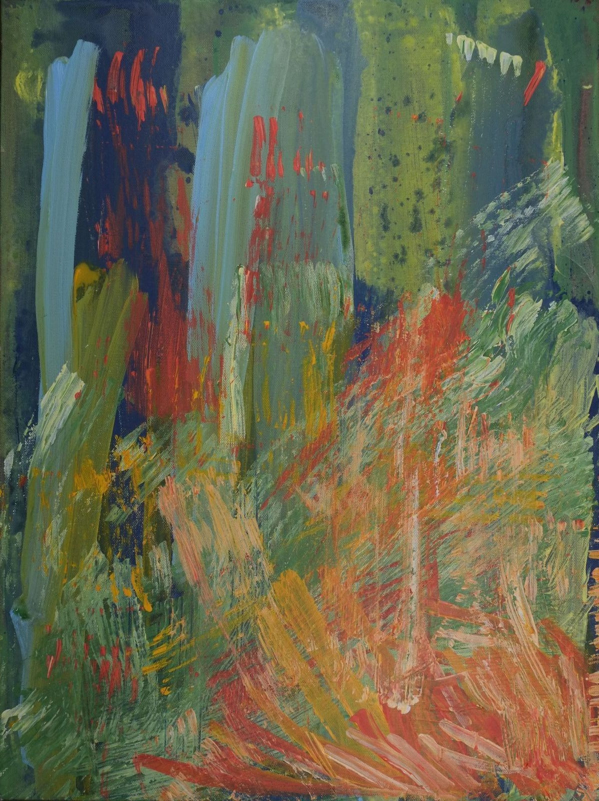 Painting on Canvas of mostly washes of greens and blues in the background. In the lower right corner, there are brush strokes of different shades of orange coming from the corner and going across the painting. In areas the paint is scraped away
