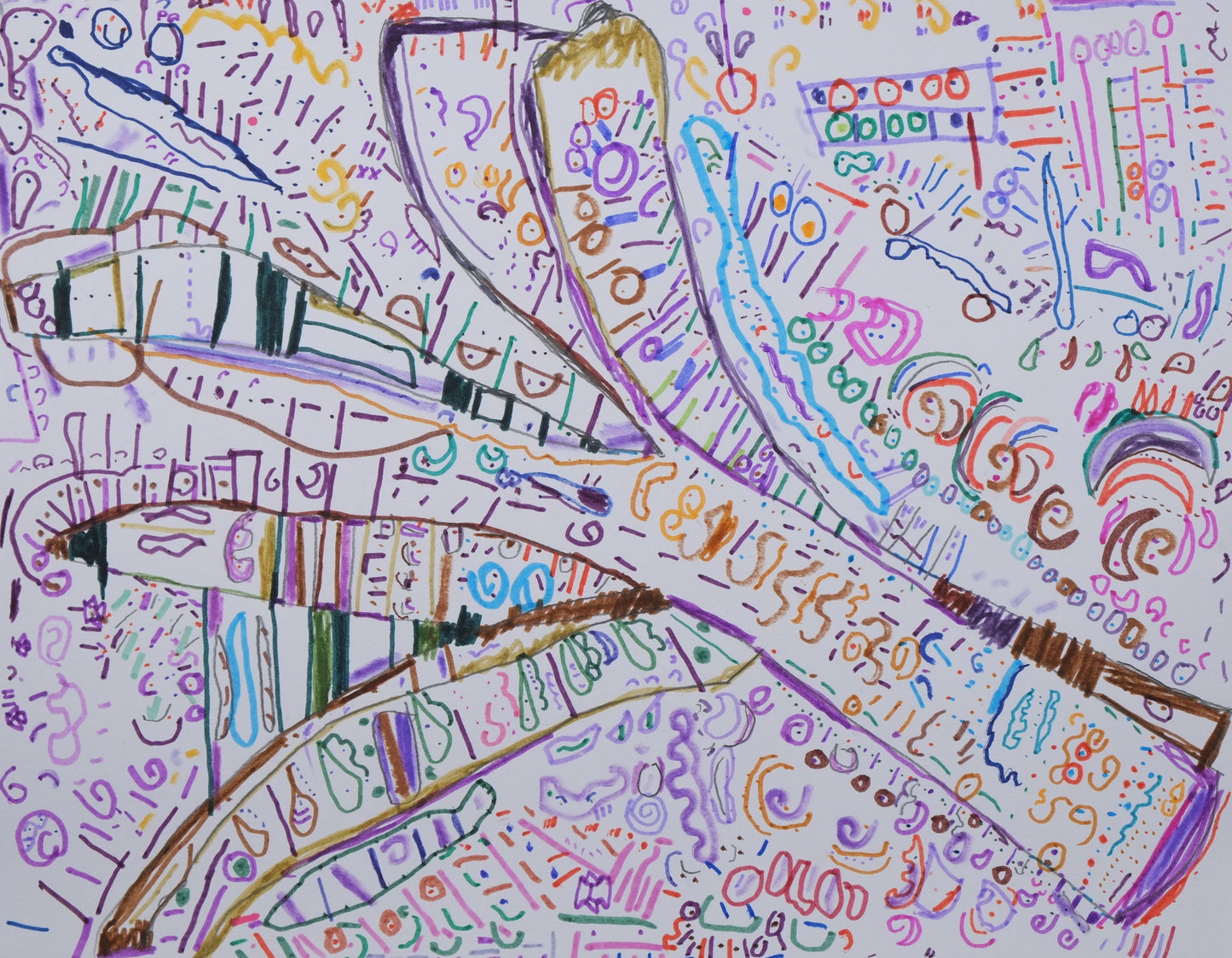 Ink on paper artwork with a white background and hundreds of tightly packed shapes of circles, lines, squiggles, squares and rectangles in colors of shades of blues, purples, pinks and browns
