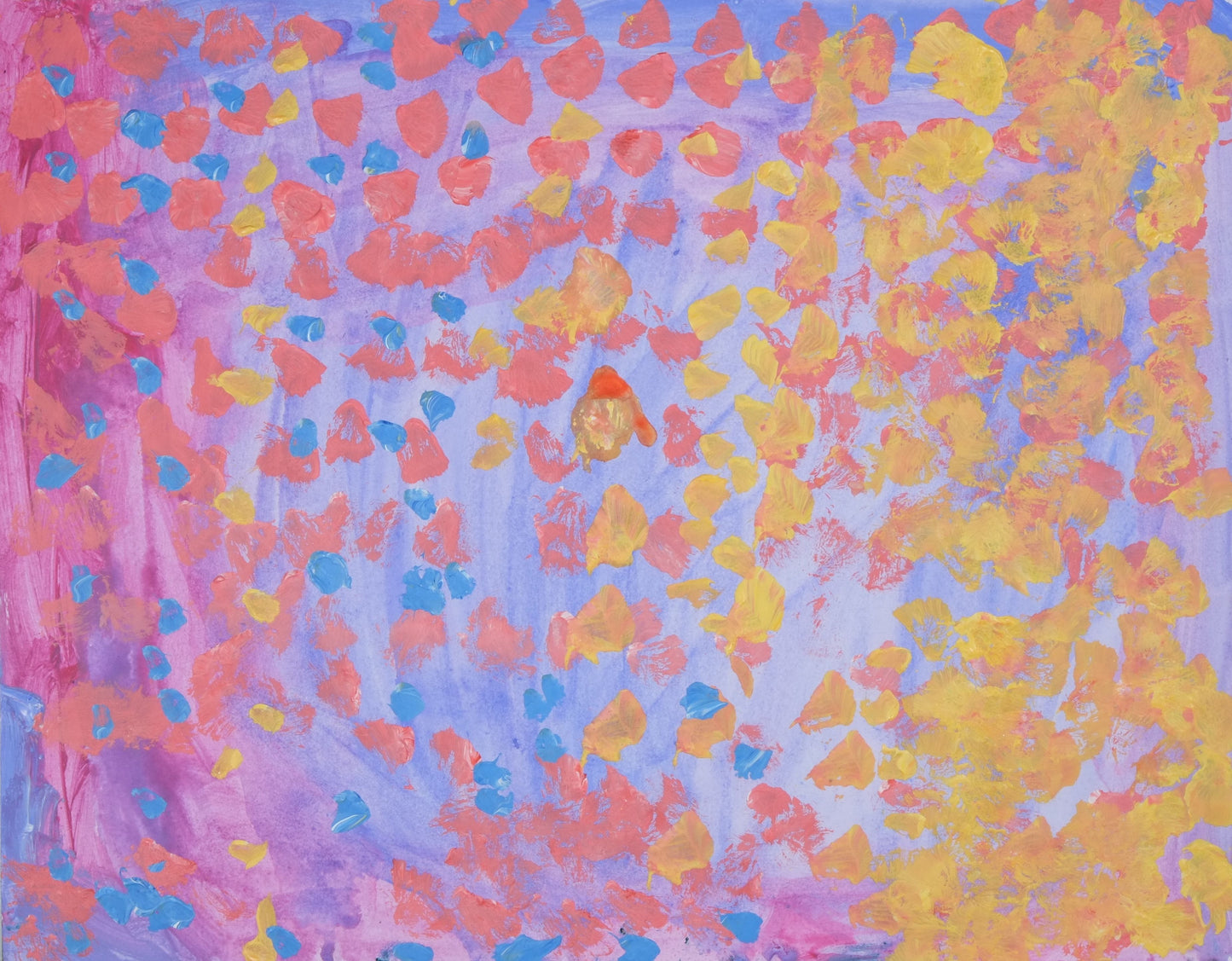 Pink and Blue dabs of the brush start from the left side and fade into the yellow brush strokes on the right. The background is a light wash of purples