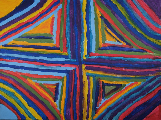 Acrylic on canvas artwork with a large diamond shape with a pattern of purple, red, light blue, lime green, green, and dark blue lines working from the outside in