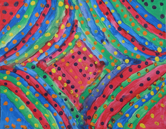 Red diamond shape in the center and around it is its outline in the following colors: blue, green, and red. On top of each line is a series of yellow, orange, and purple dots that create a line