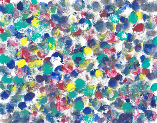 On a white background are circles of aqua, dark blue, deep red, gray, and yellow. Some of the circles have a mottled, dotted surface.