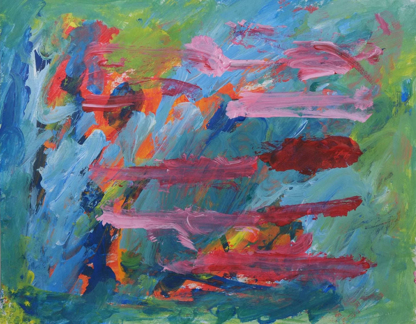 Acrylic on paper artwork inspired by trees by the ocean. The background is blue and varying shades of green with red and pink horizontal paint strokes overlaid