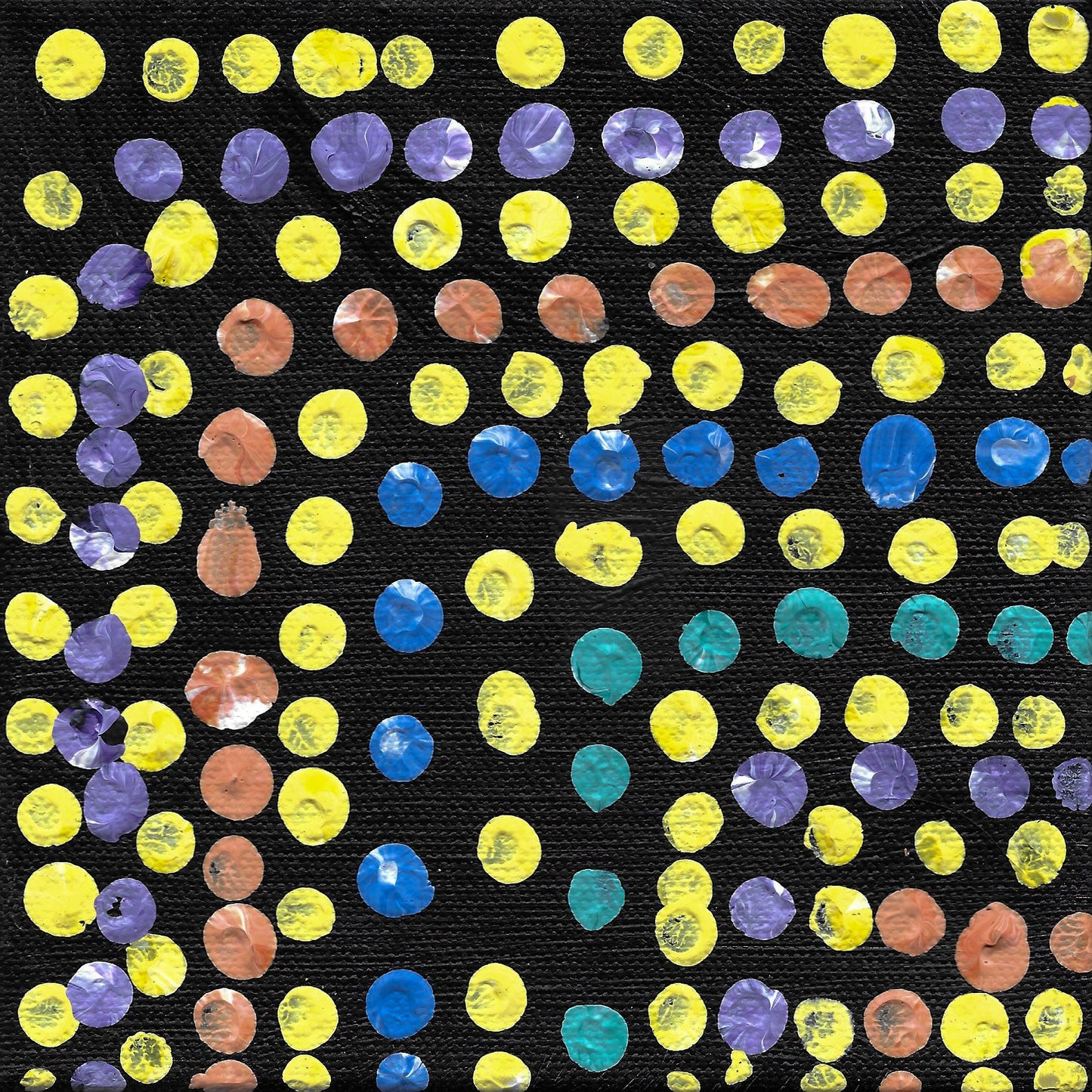 Acrylic on canvas artwork with black background with yellow, purple, coral, blue and teal dots in lines