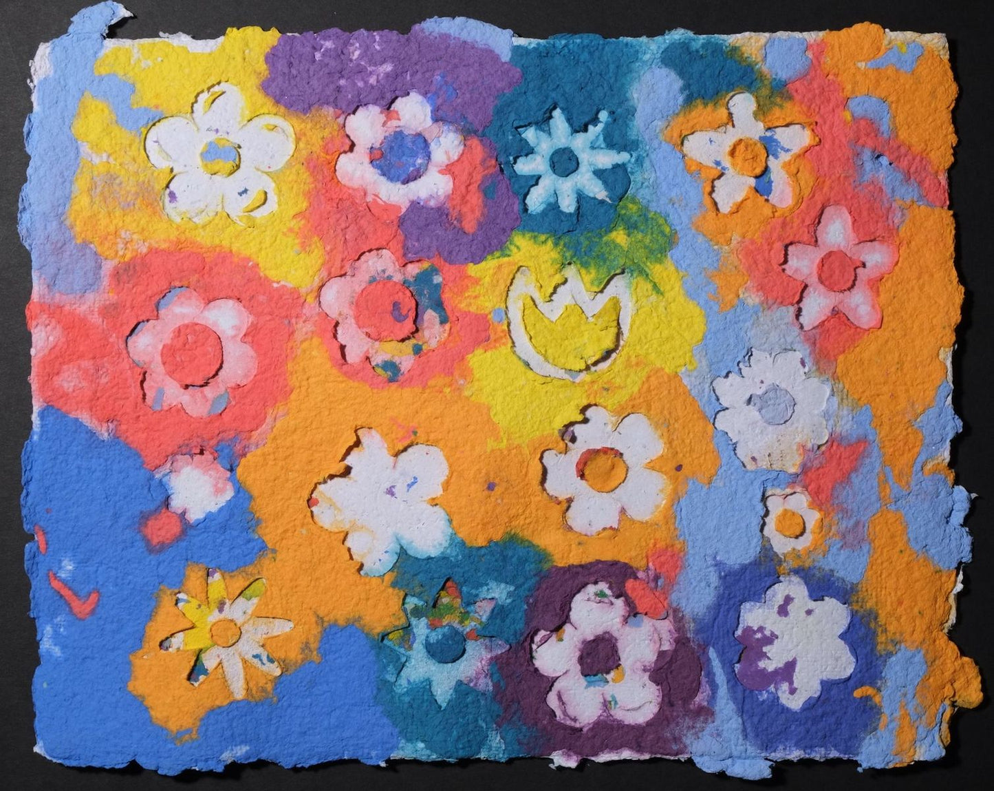Pigment on recycled paper artwork with yellow, purple, periwinkle, blue, red, orange and yellow colored background with all varying types of white flowers overlaid