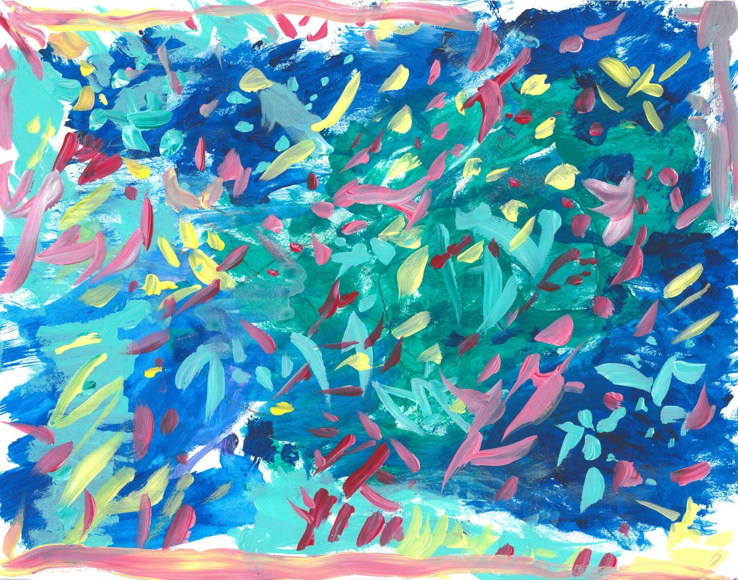 Against a background of aqua, light and dark blue, and dark green are streaks of yellow, red, pink, and aqua.