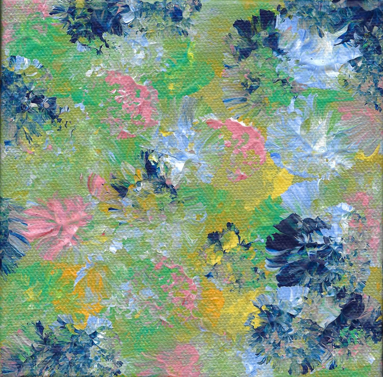 Dabs of color in light and dark blue, pink, white, and yellow on a green background