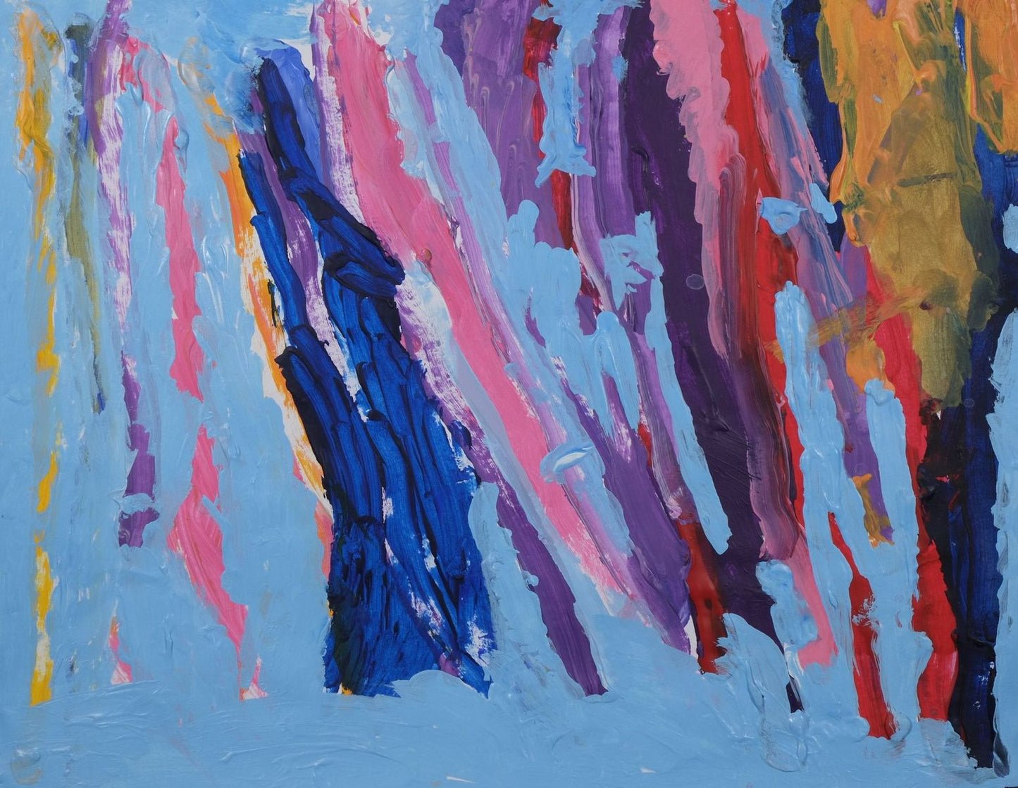 Acrylic on paper artwork with mostly light blue background beneath yellow, green, purple and pink vertical paint streaks