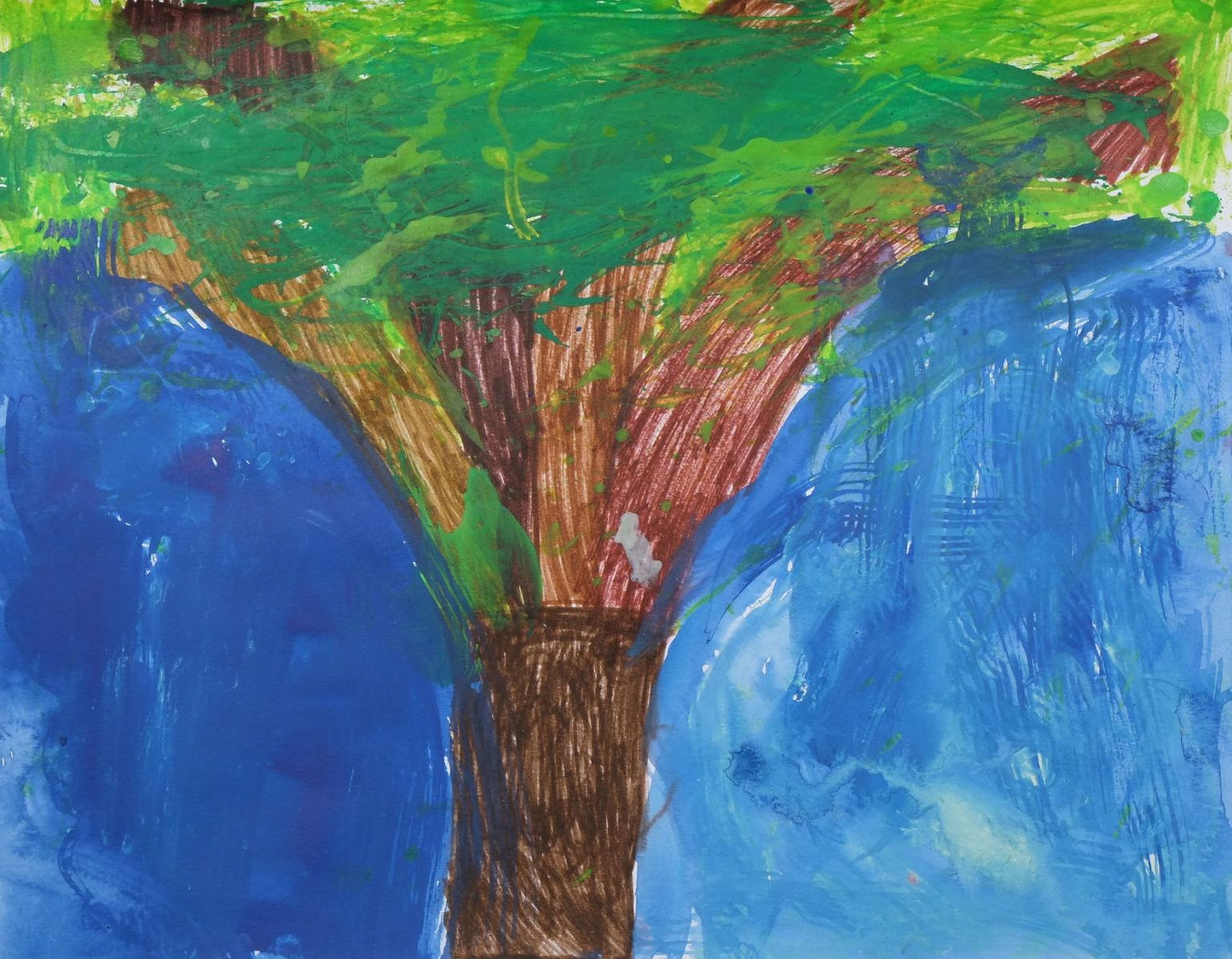 Ink on paper artwork of a large tree with a brown tree trunk and green leaves against a blue sky background