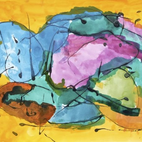 Ink on paper artwork with a golden yellow background behind light blue, lavender and varying greens with black paint drizzled over top