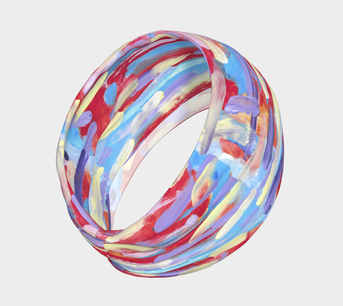 Headband shown against an orangish-red blackground are pale streaks of pink, yellow, lavender, and sky blue.