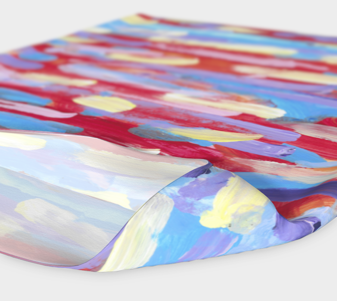 Headband shown flat with against an orangish-red blackground are pale streaks of pink, yellow, lavender, and sky blue. Fabric is folded to show inside is white.