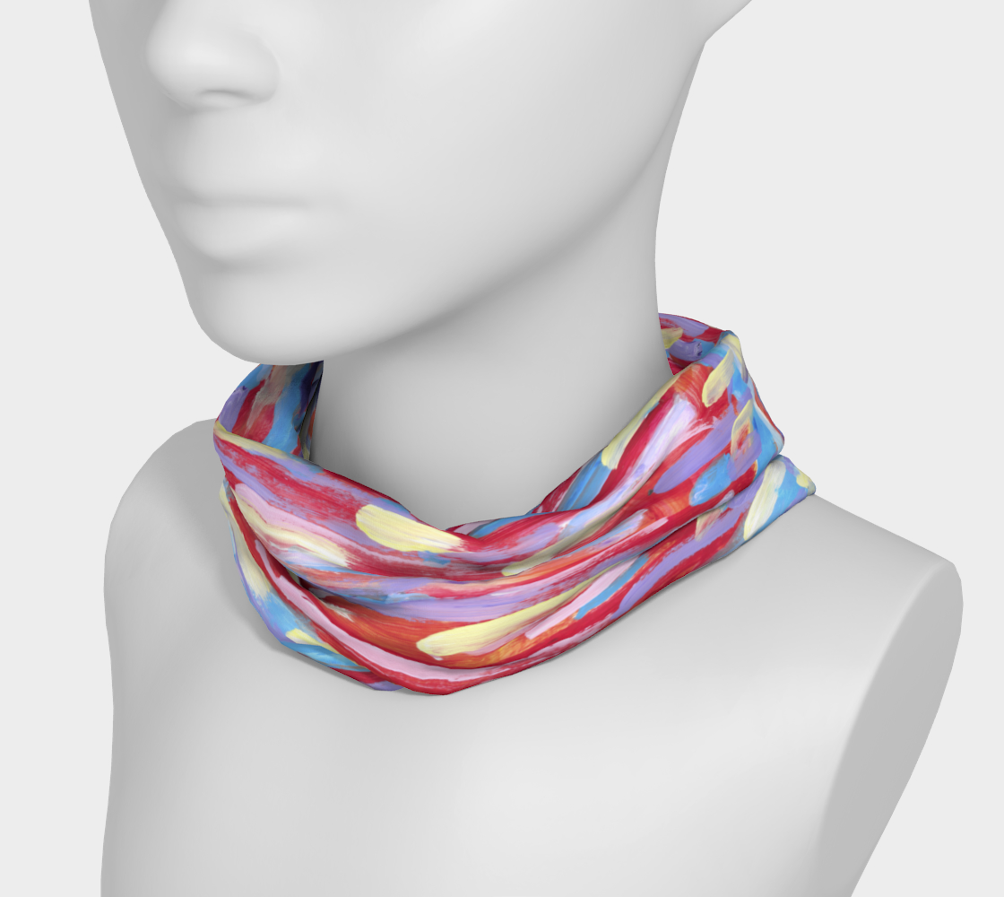 Mannequin wearing headband around neck shown against an orangish-red blackground are pale streaks of pink, yellow, lavender, and sky blue.