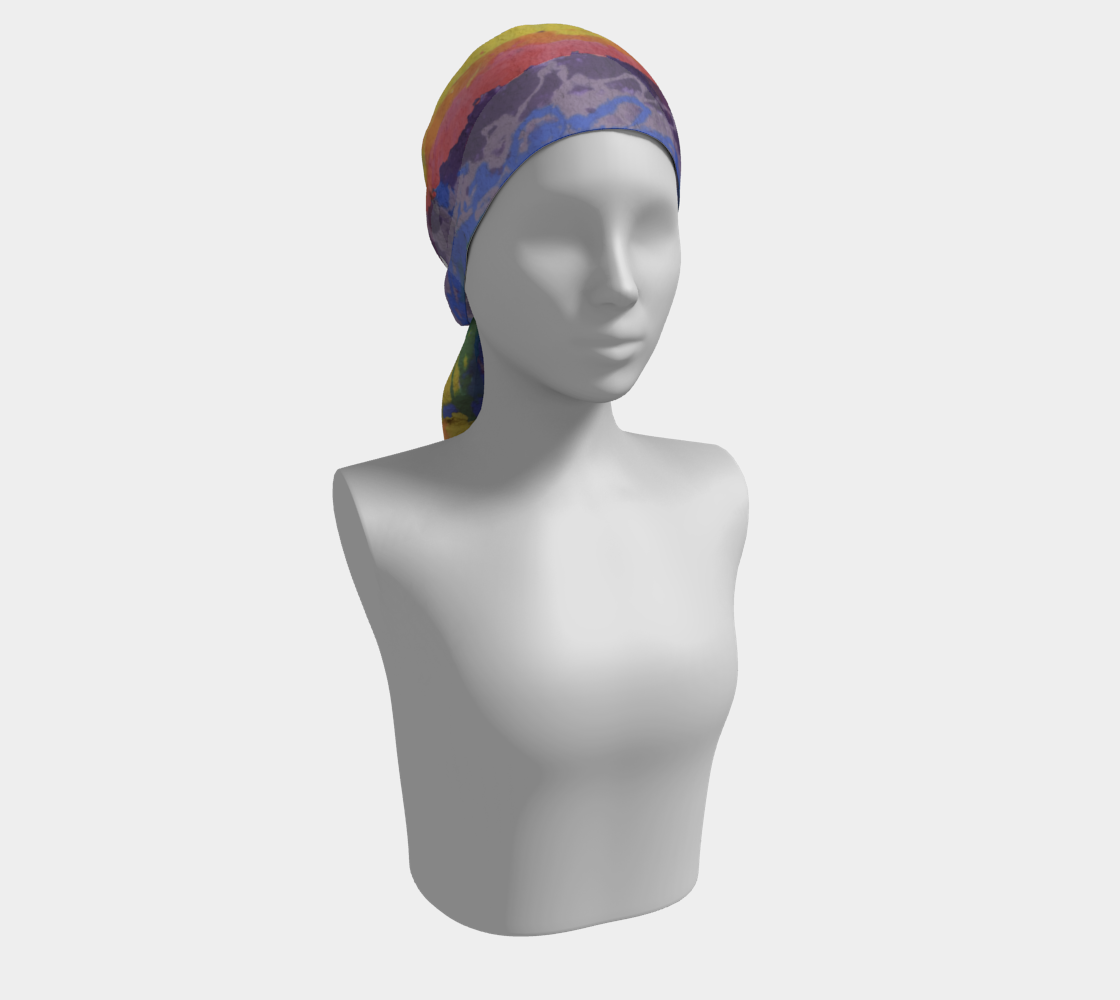 long scarf with horizontal lines of colors of red, orange, yellow, green, blue, light purple, and dark purple.
