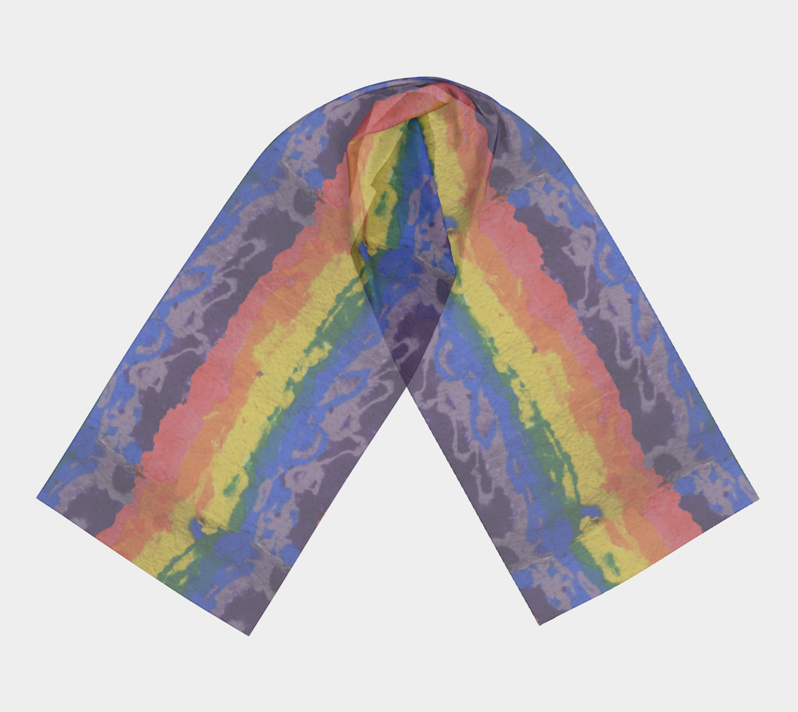 long scarf with horizontal lines of colors of red, orange, yellow, green, blue, light purple, and dark purple.