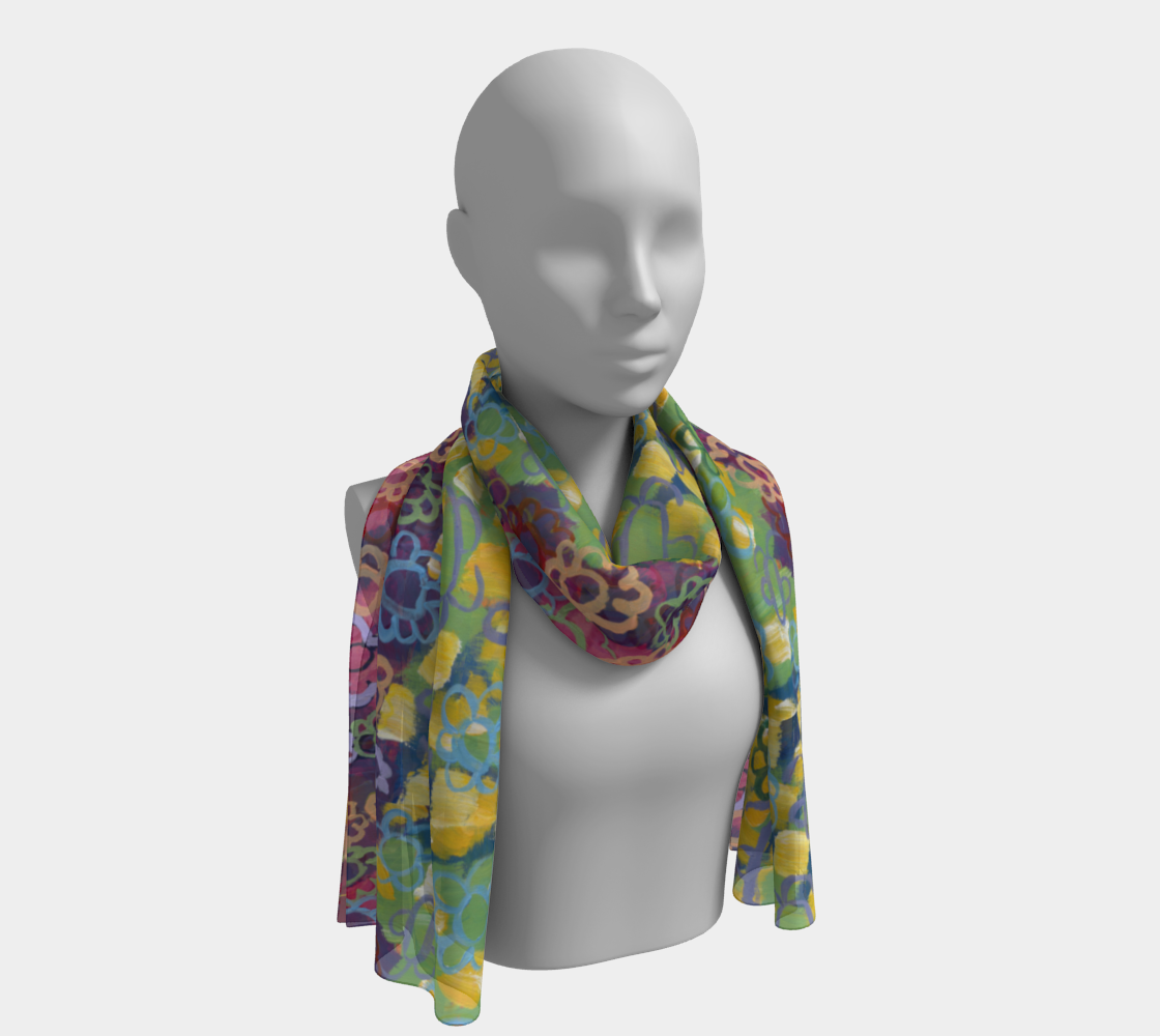 This is a scarf with the following painting on it: This painting is a multicolored background including purple, green and pink. There are a series of abstract paint dashes on it and several flowers in abstract form.
