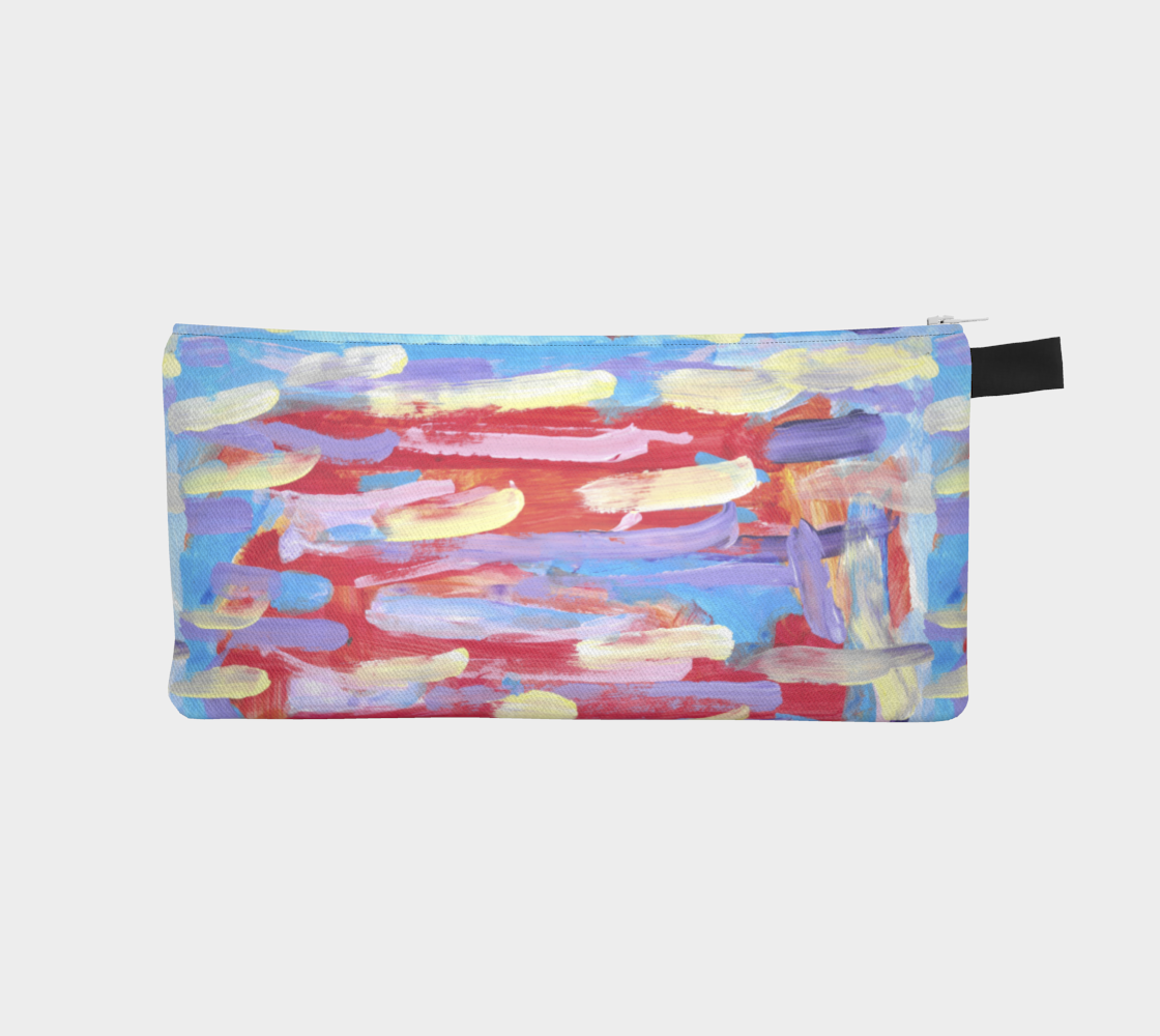Pencil Case of artwork shown against an orangish-red blackground are pale streaks of pink, yellow, lavender, and sky blue.
