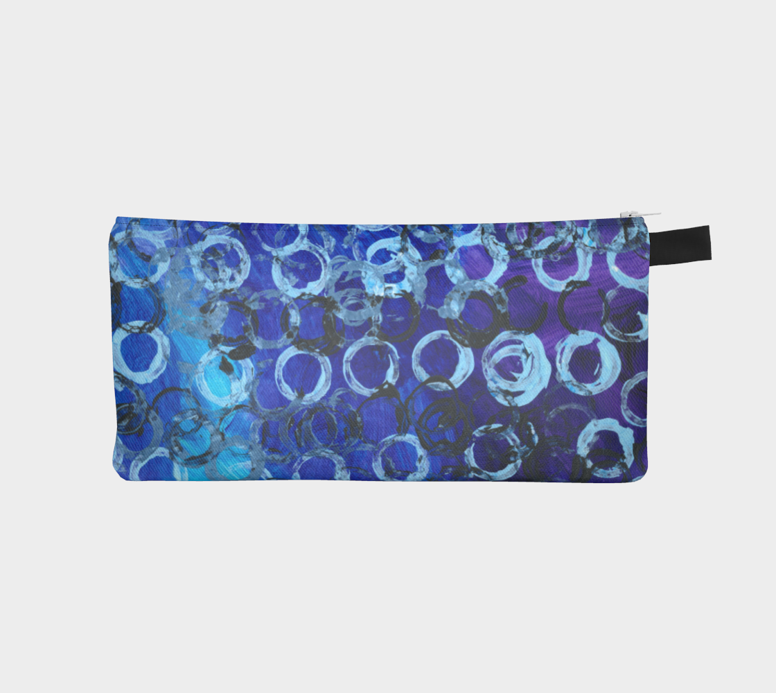 Pencil case with a gradient of purple to blue with light and dark blue rings printed on top all over